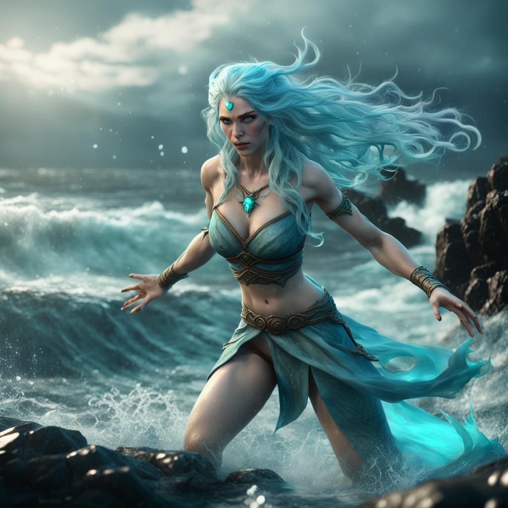 Water Genasi Druid Goddess Wielding Water Magic