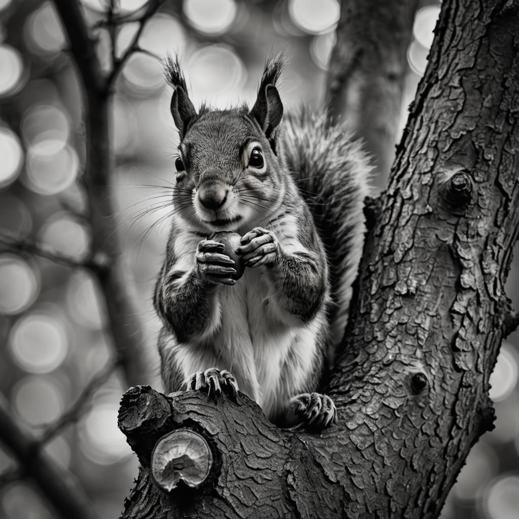Engraved Squirrel Portrait Holding Nut Close Up