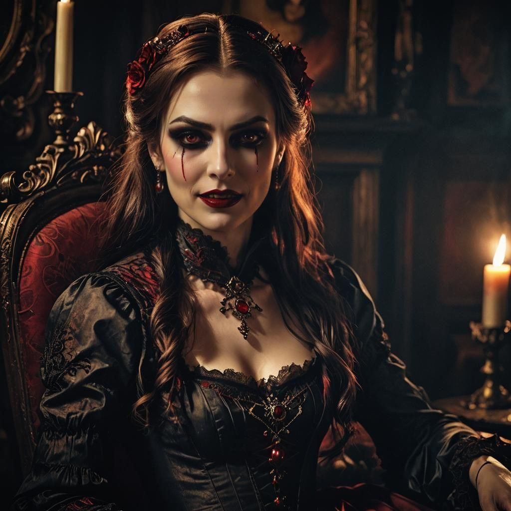 Gothic Victorian Vampire Pin-Up in Candlelit Room