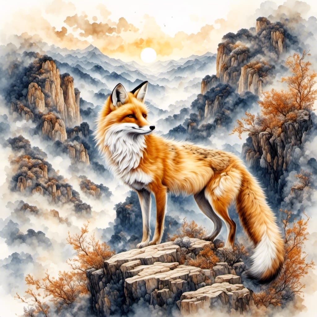 Nine-Tailed Fox Overlooking Canyon, Watercolor Ink Drawing