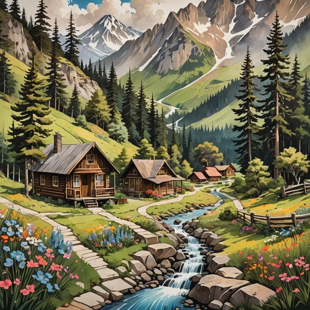 Mountain Cabin Landscape in Gouache and Watercolor