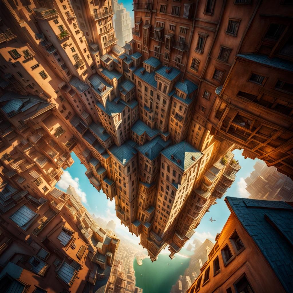 Whimsical Upside-Down Cityscape in Photorealistic Style