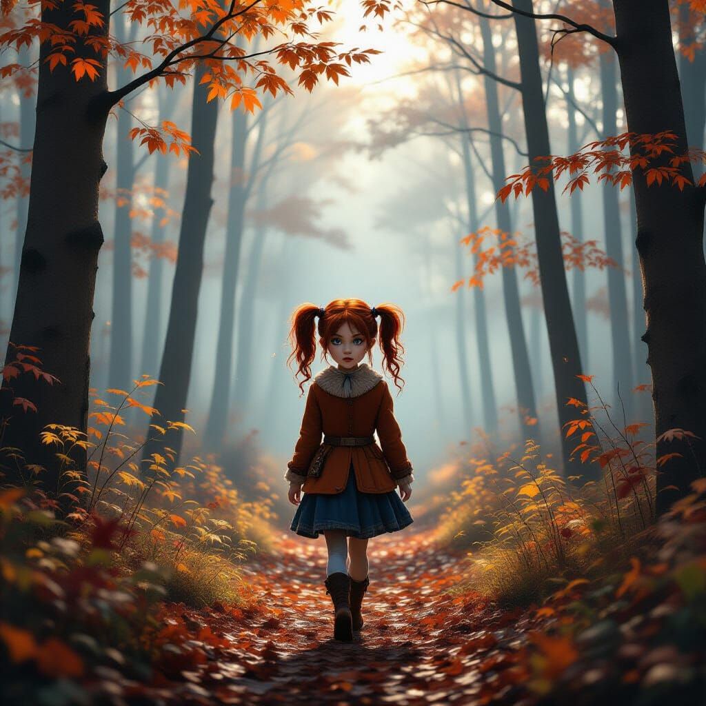 Enchanted Autumn Forest Path with Glowing Fog