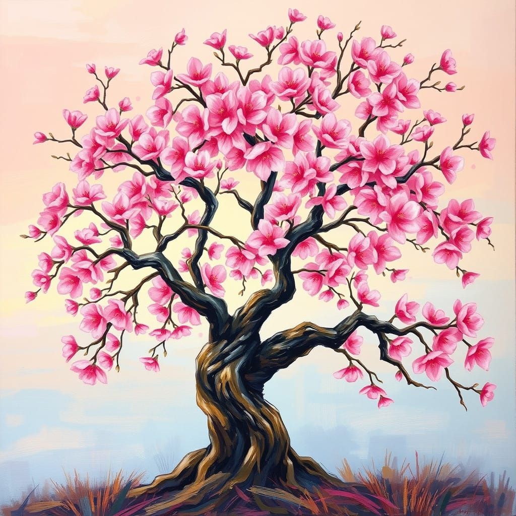 Vibrant Cherry Blossom Tree in Impressionist Style