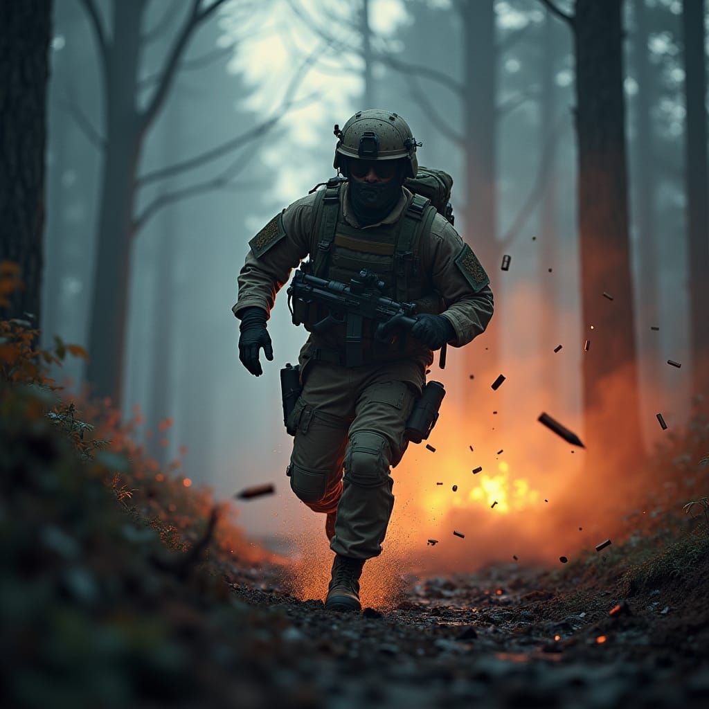 Soldier Running From Bullets in Golden Light