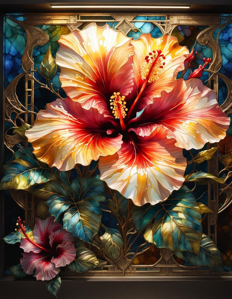 Stained Glass Hibiscus Digital Watercolor Illustration