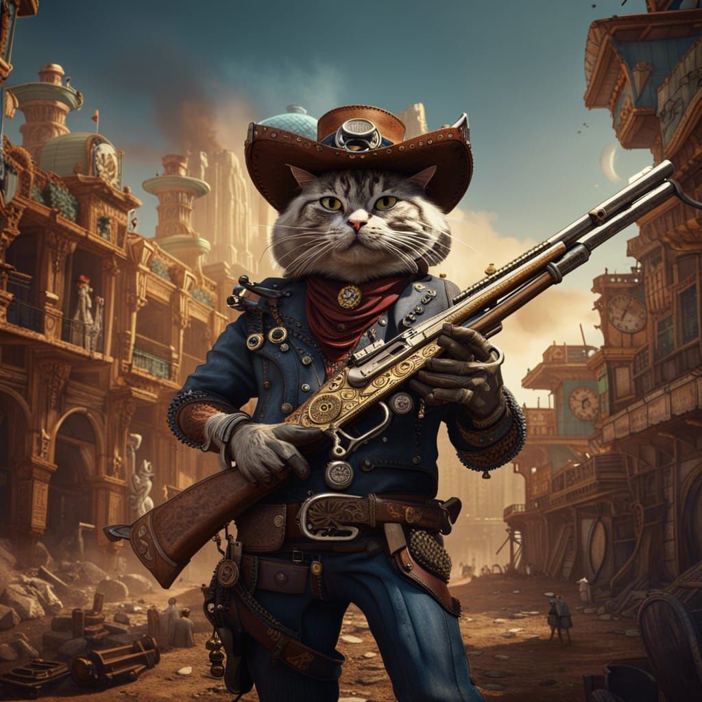 Steampunk Cowboy Cat with Guns in Mexico