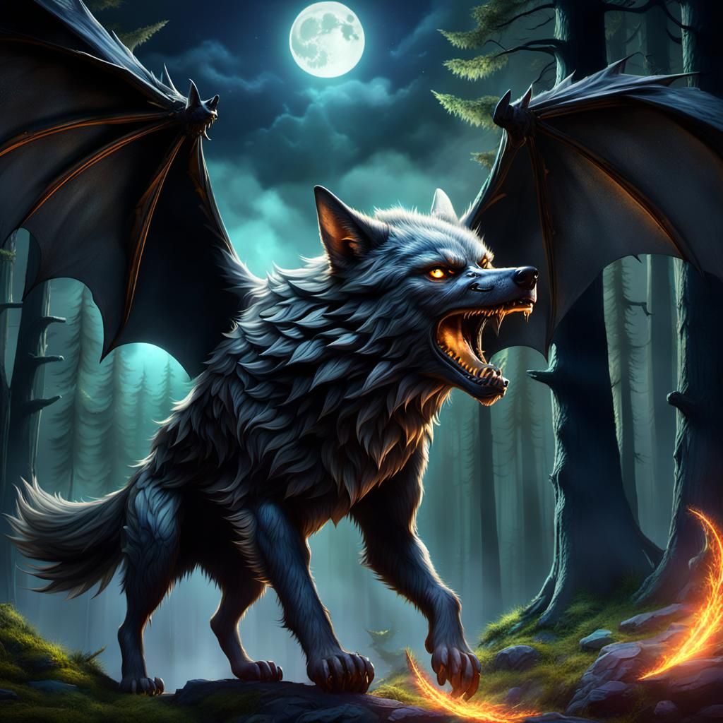 Wolf-Bat Hybrid Soaring Over Mystical Forest