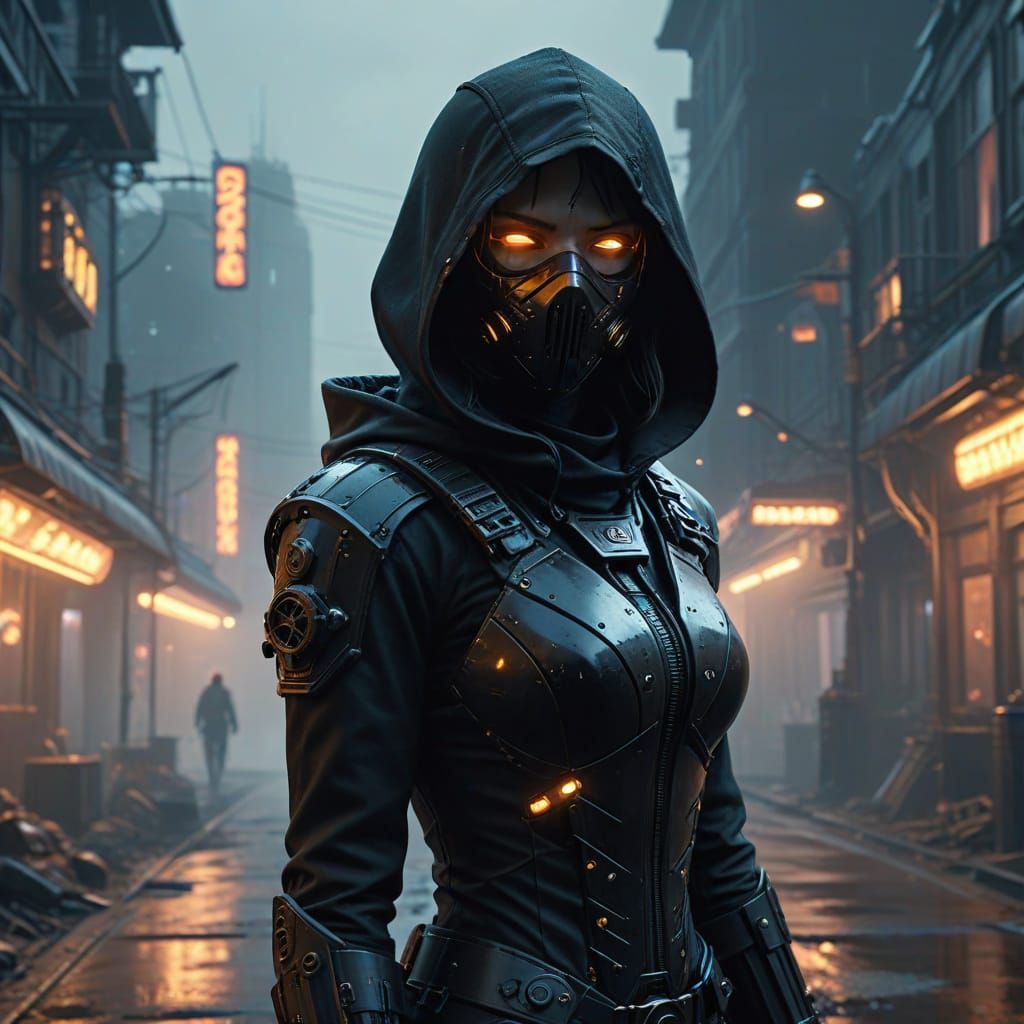 Cyborg Thief Pursues Steampunk Guard in Sci-Fi Scene