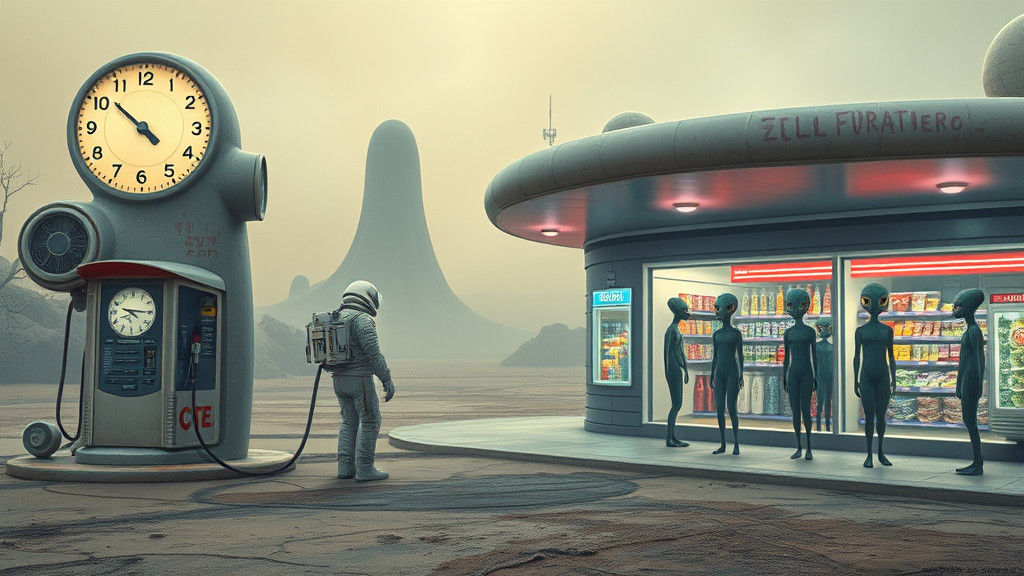 Astronaut Refuels Spaceship in Surreal Desert Landscape