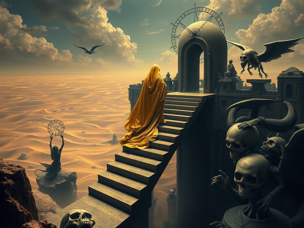 Golden Lady Descends in Surreal Wasteland