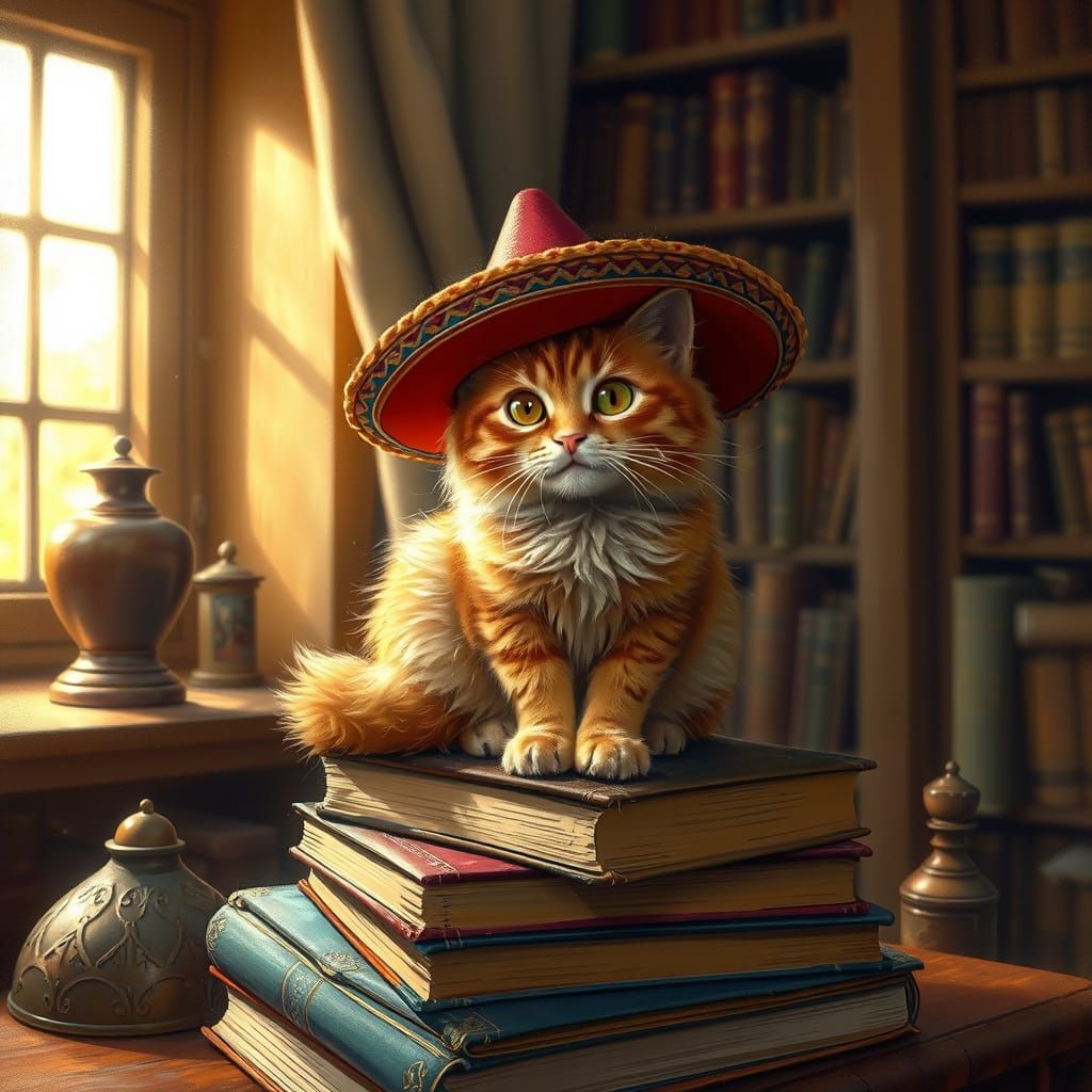 Cat in Sombrero in Cozy Library, Painterly Style