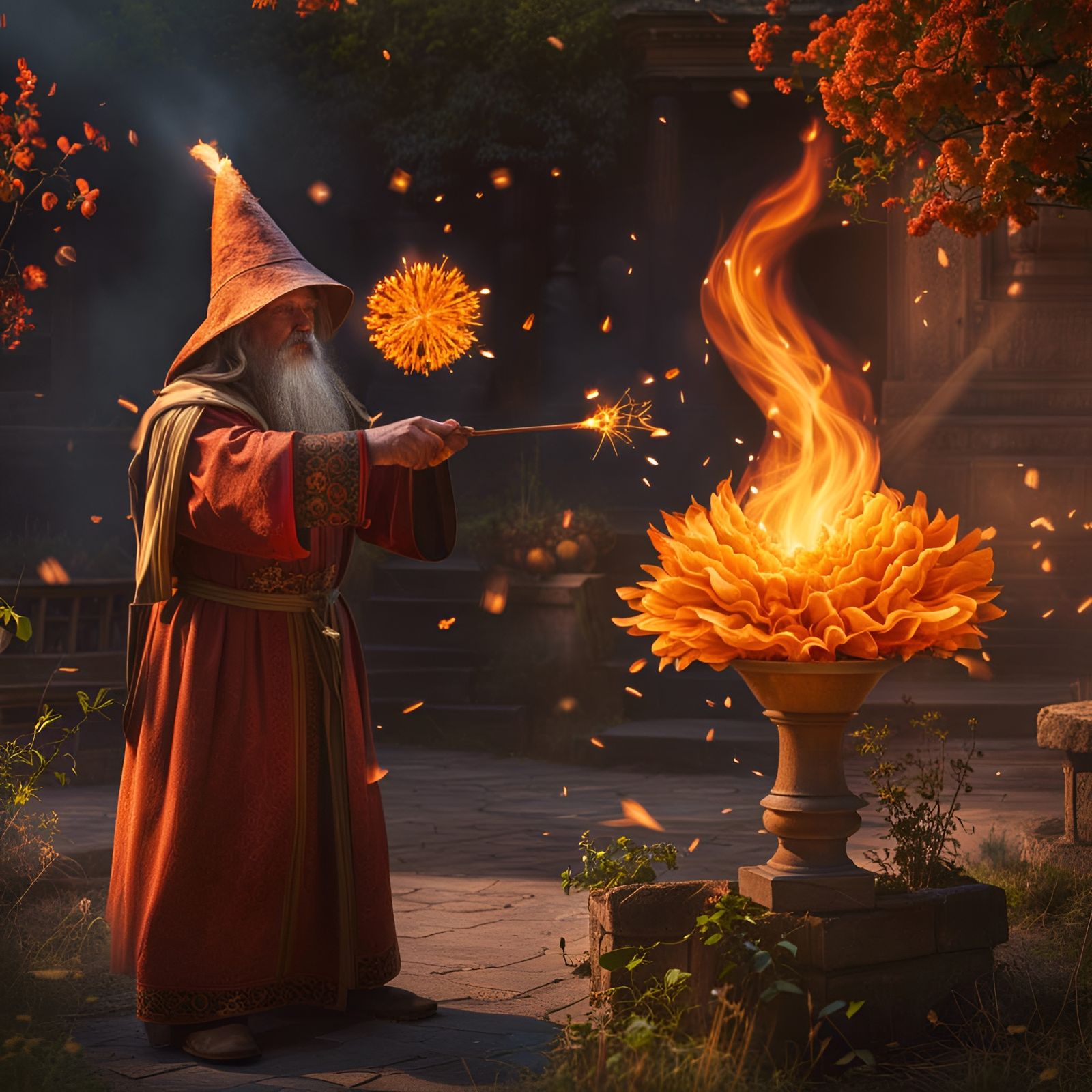 Ancient Wizard Conjuring Fire Flower Spells