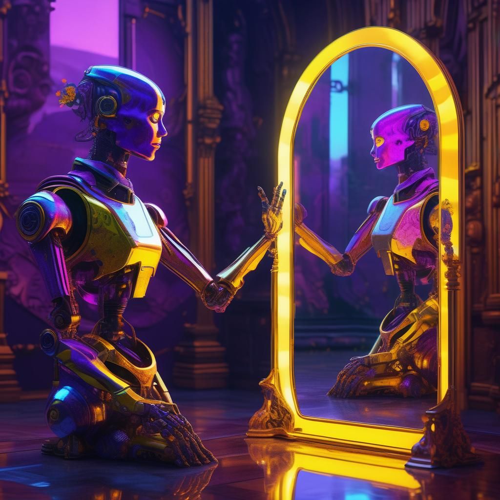 Robot Mirror Reflection in Psychedelic Colors