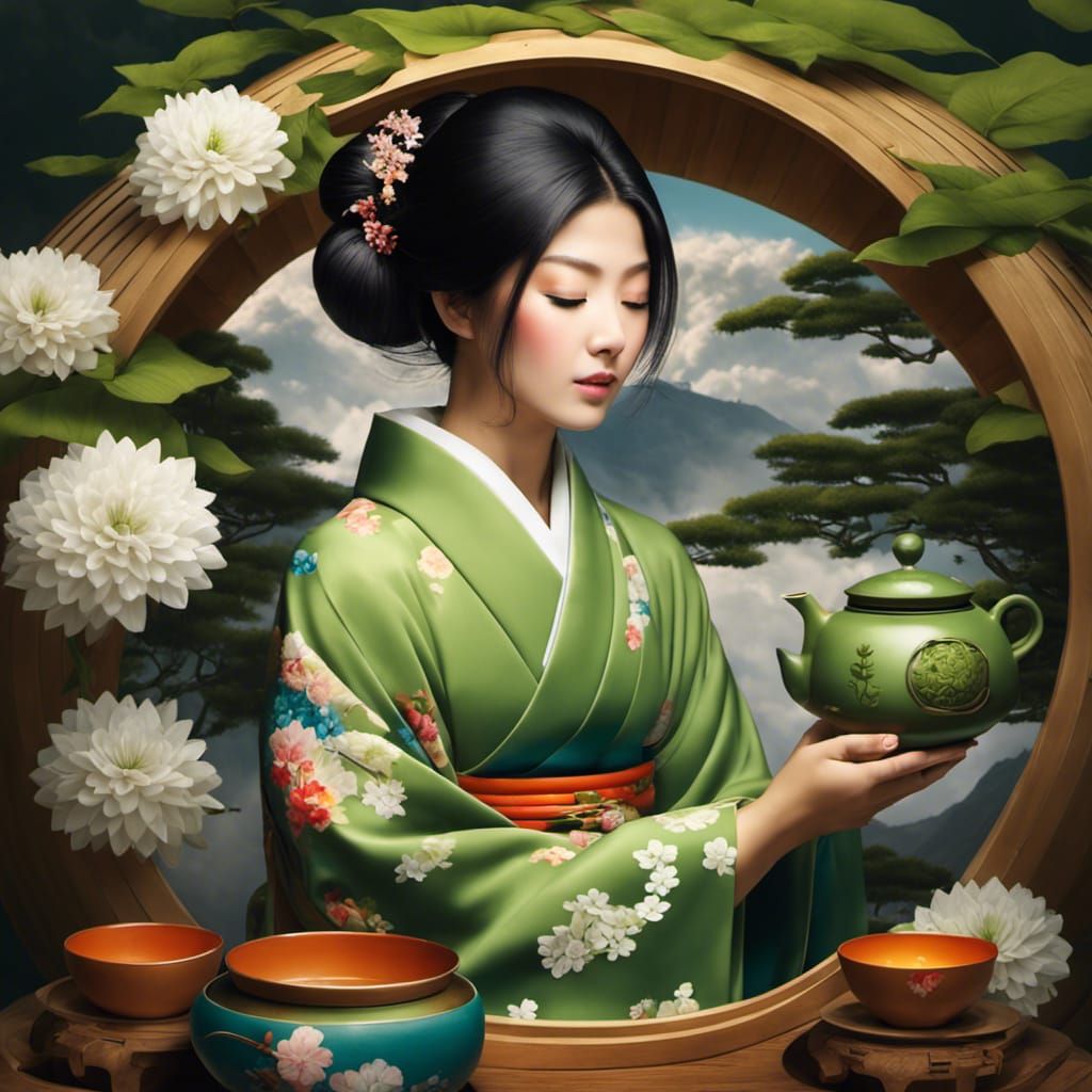 Japanese Woman's Serene Tea Ceremony with Flowers