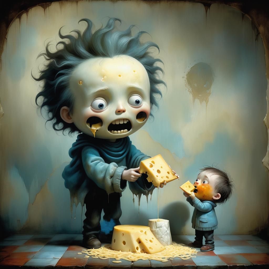 Boy Pulling Cheese from Giant Head: Highly Detailed Photo