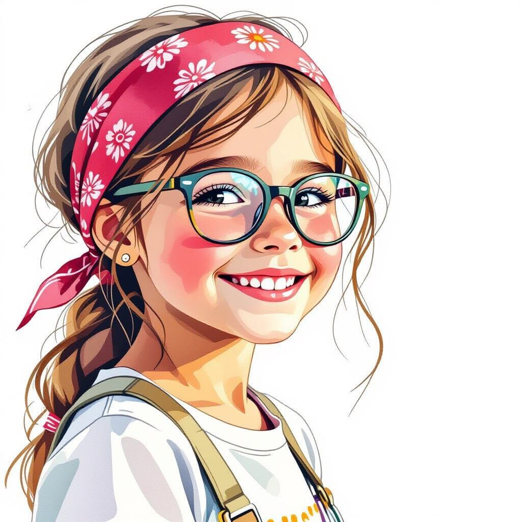 Smiling Girl with Bandana in Watercolor Style