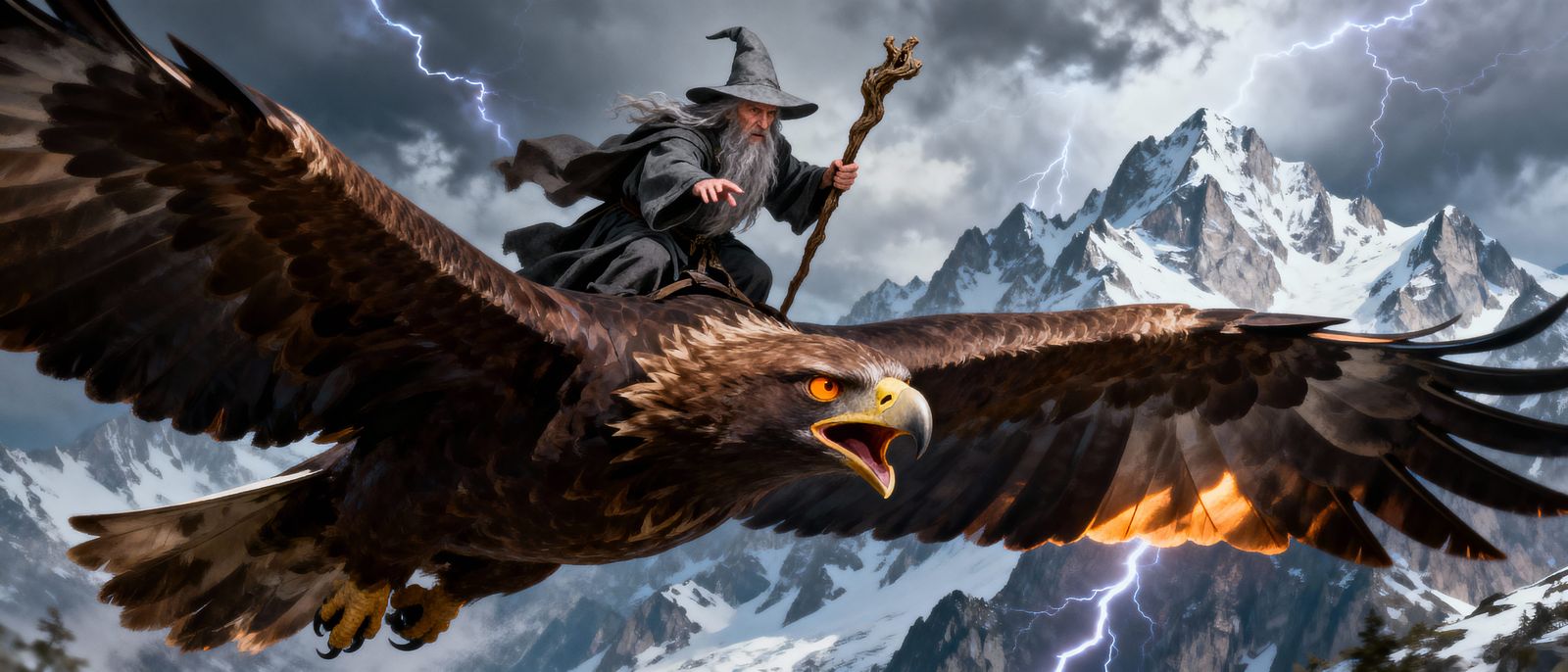 Gandalf Rides Majestic Eagle Over Snowy Mountains
