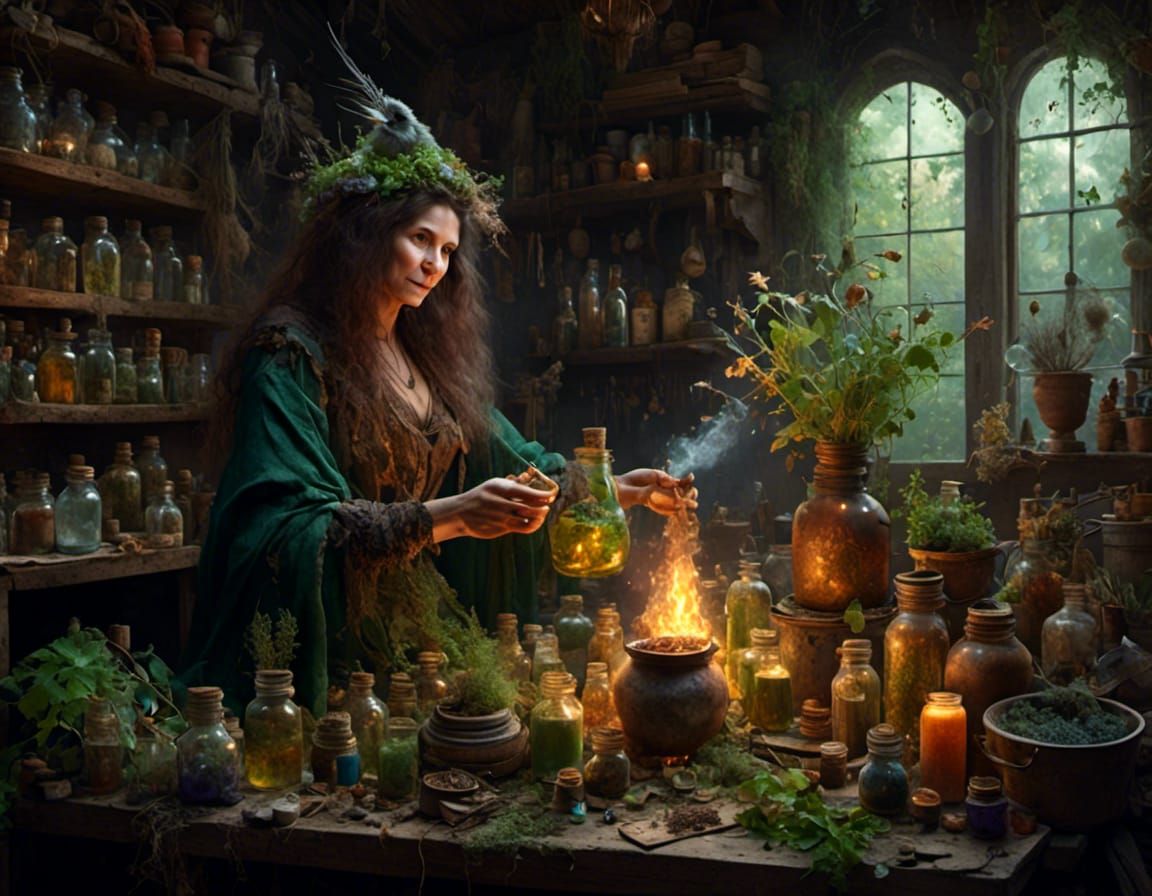 hedge witch making potions