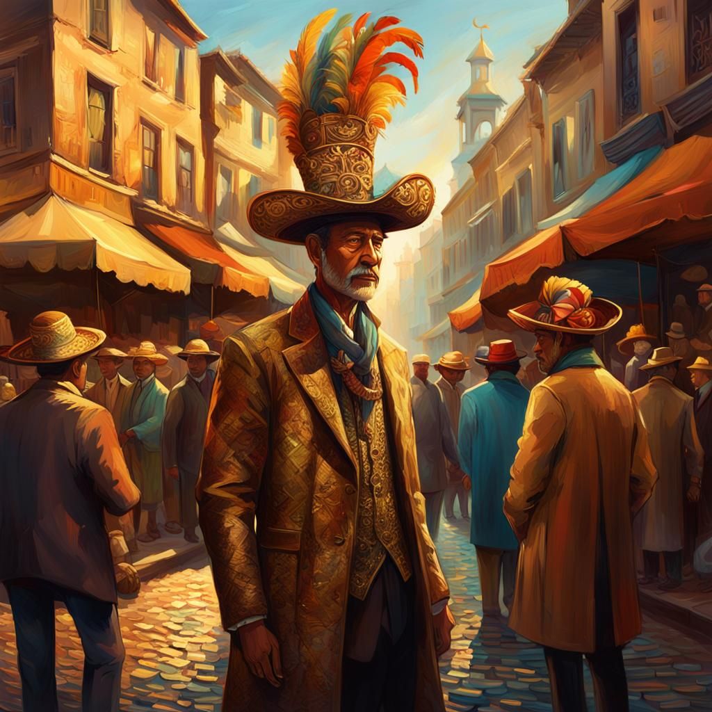 Men in Elaborate Hats in Crowded Marketplace