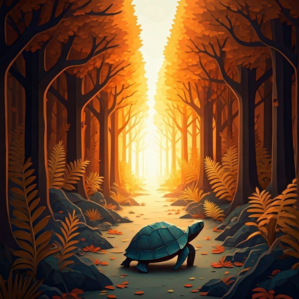 Origami Turtle in a Papercraft Autumn Forest