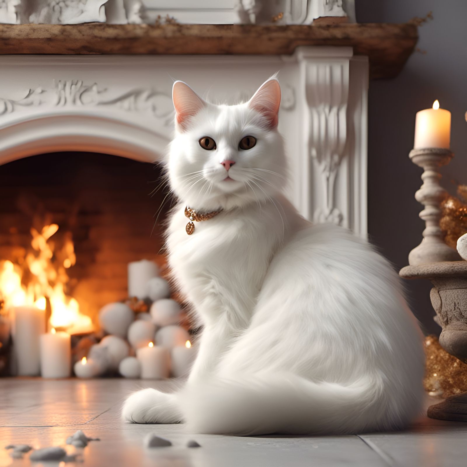 White Cat Lounging by Fireplace in Sketch Style