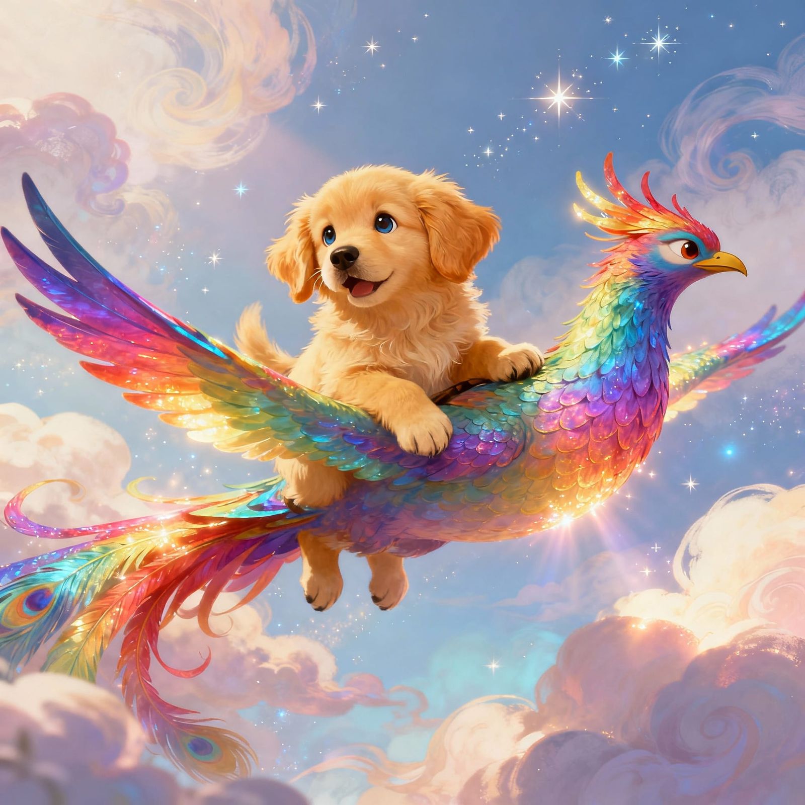 Fluffy Puppy Rides Rainbow Phoenix Through Ethereal Sky