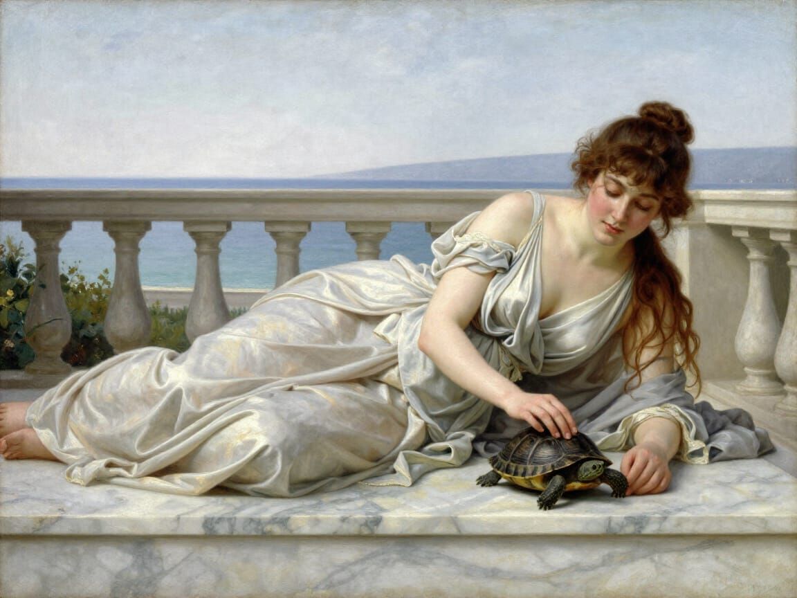 Classical Beauty: Woman Pets Tortoise on Marble Terrace