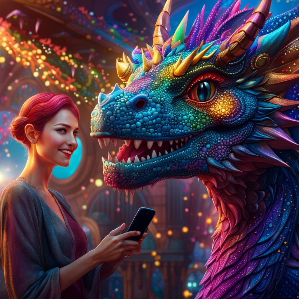 Woman and Glitter Dragon Selfie: Fantasy Art