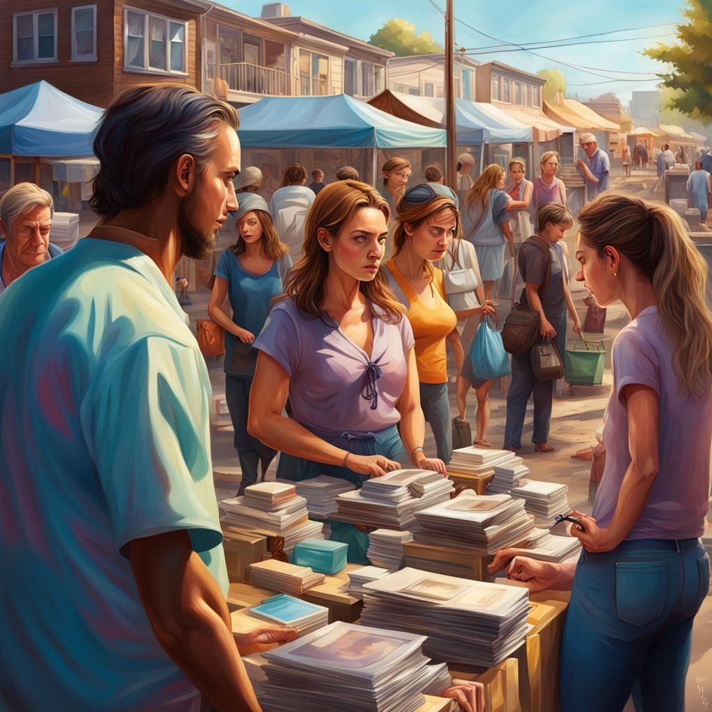 Hyperrealistic Community Yard Sale with Dramatic Lighting