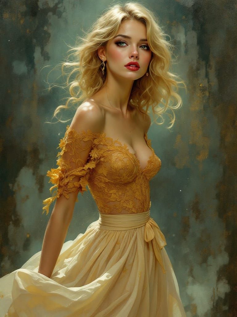 Blonde Pin-Up Woman in Gold Lace Skirt