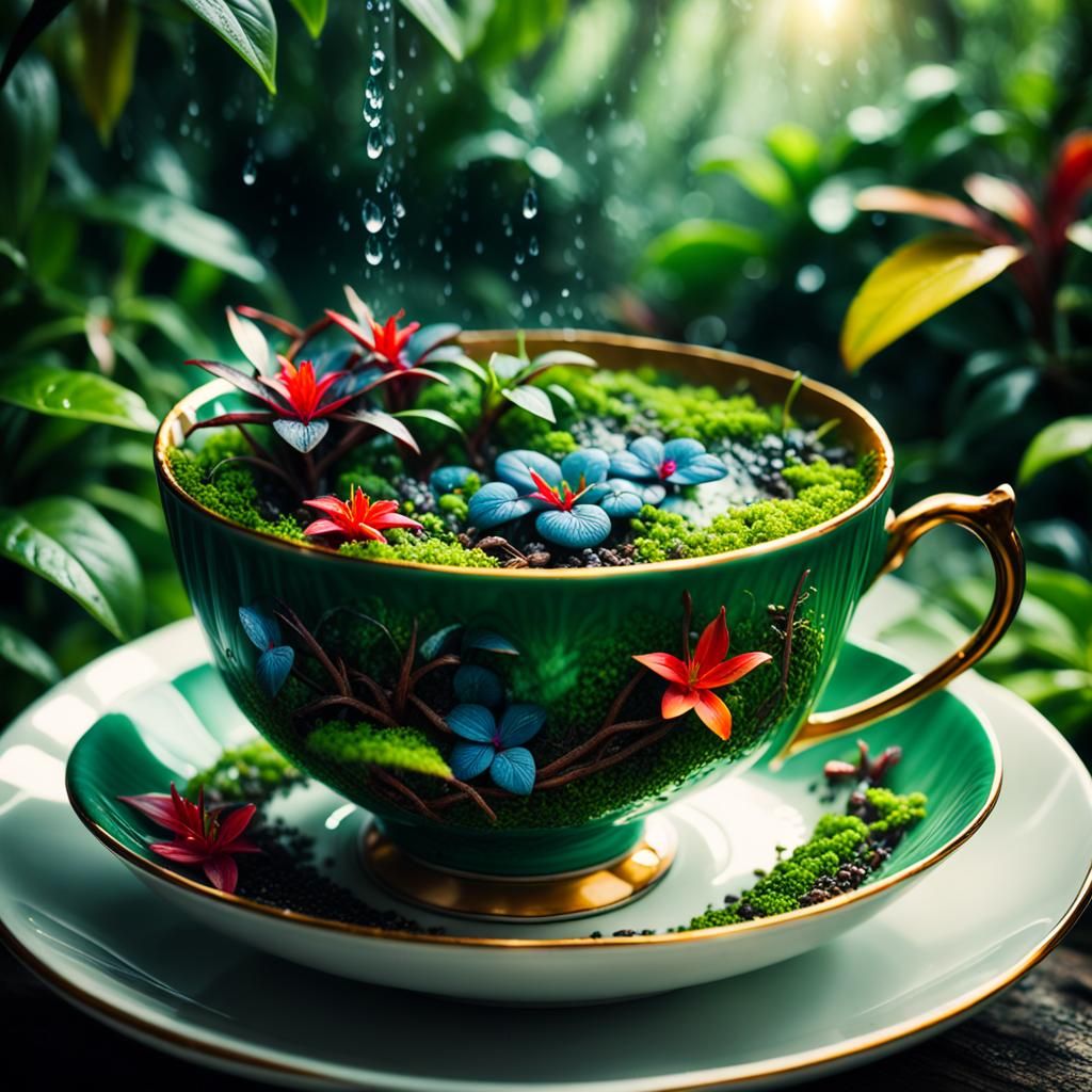 Rainforest Teacup: A Hyper-Realistic Macro Photograph