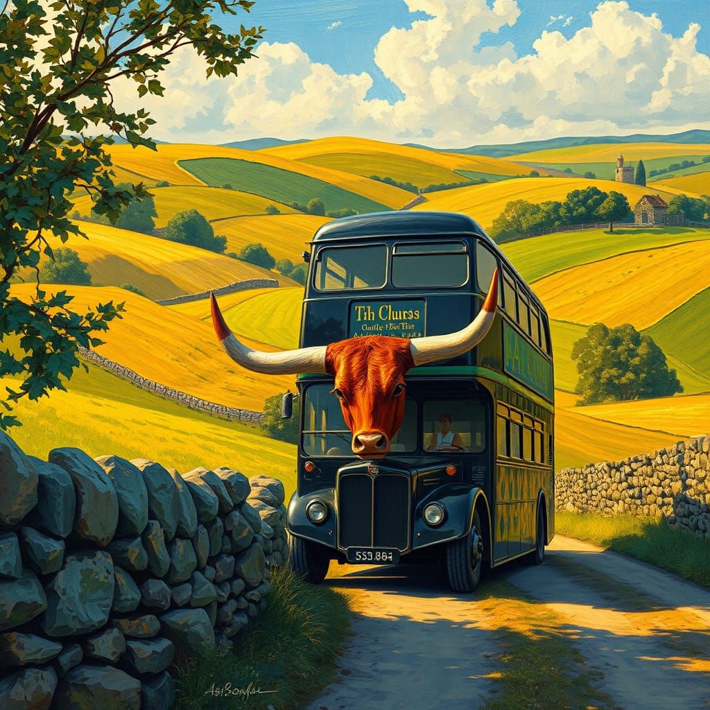 Surreal Bus in Van Gogh and Klimt Style