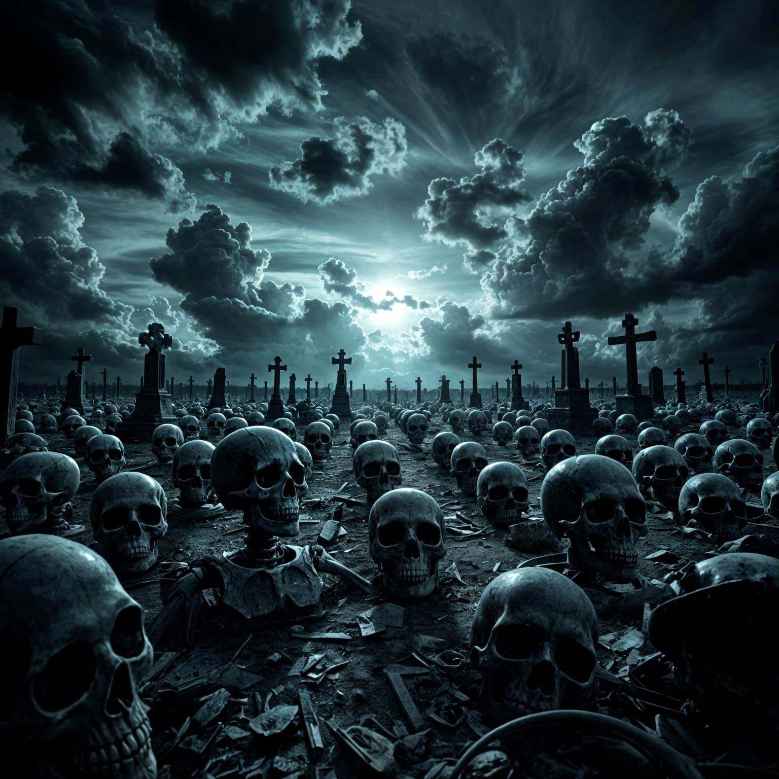 Gothic Skulls in Desolate Graveyard with Event Horizon