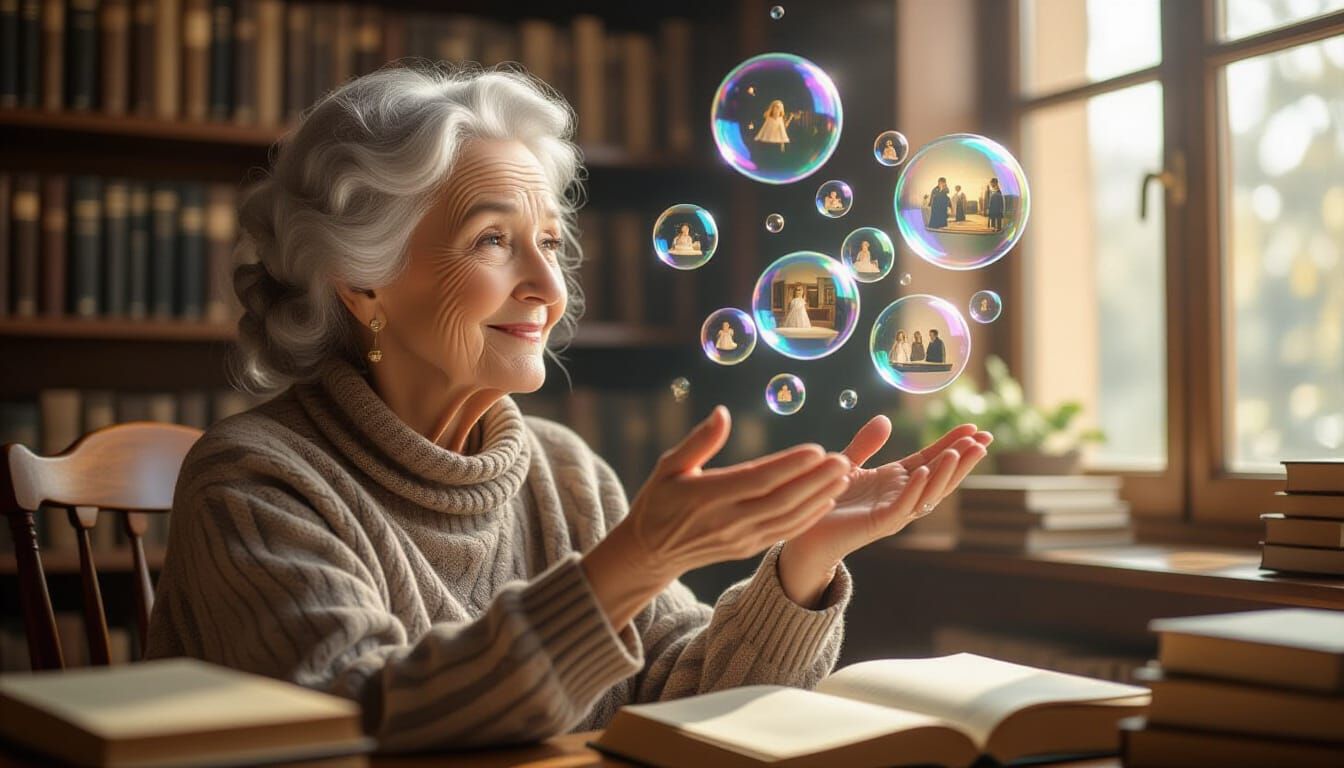 (Photorealistic fantasy portrait:1.5) photo of an elderly woman with silver hair, her memories floating as translucent s...