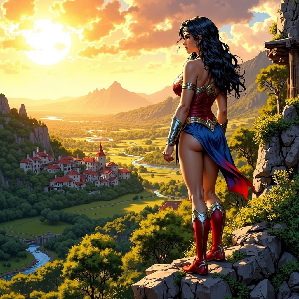 Wonder Woman Vigilantly Protecting a Sunlit Village