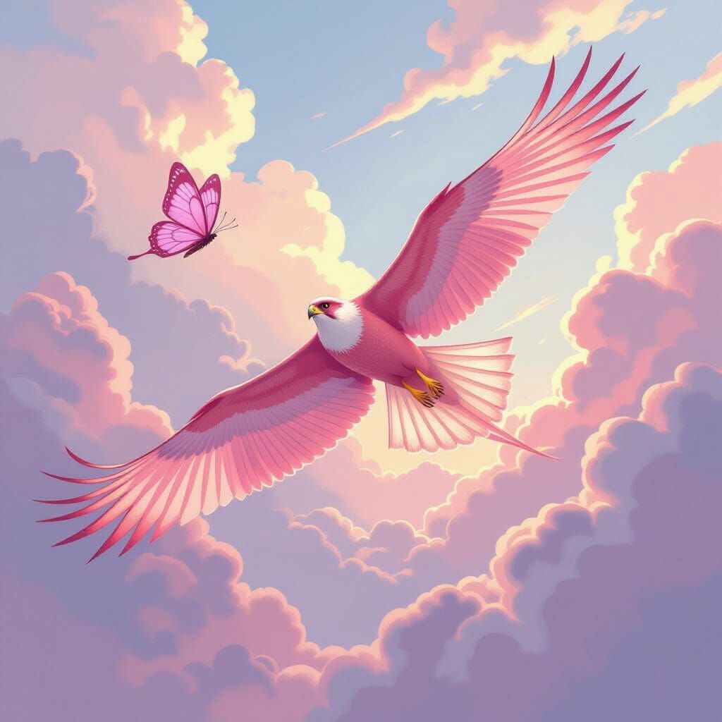 Pink Wind Falcon and Rose Butterfly, Loish Style