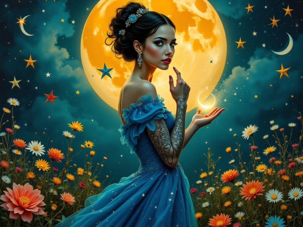 Enchantress Casting Spell Under Moon, in Lowbrow Surrealist ...