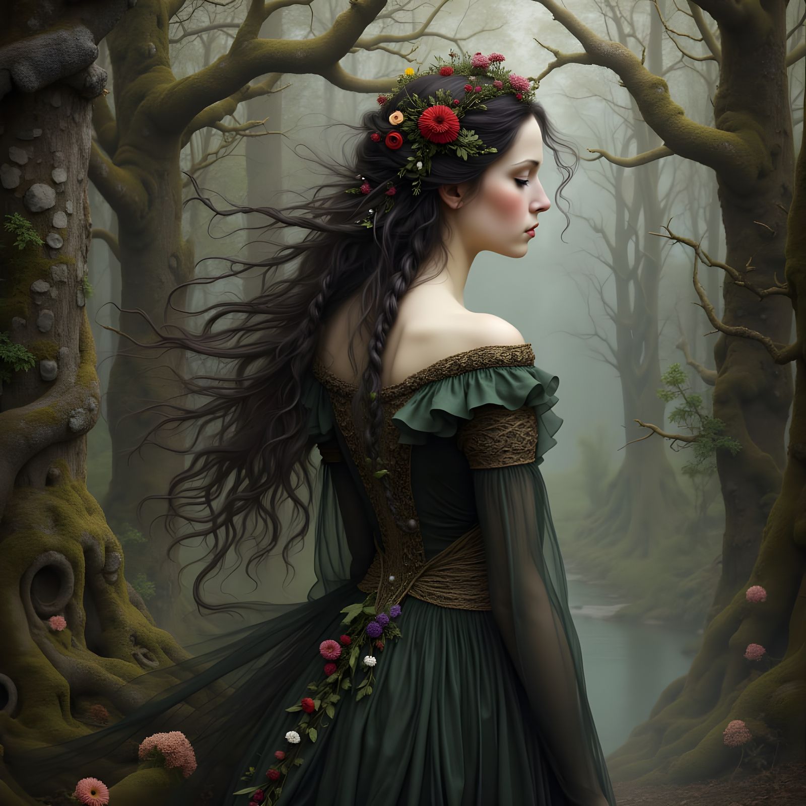 Mysterious Forest Witch Portrait in Pre-Raphaelite Style