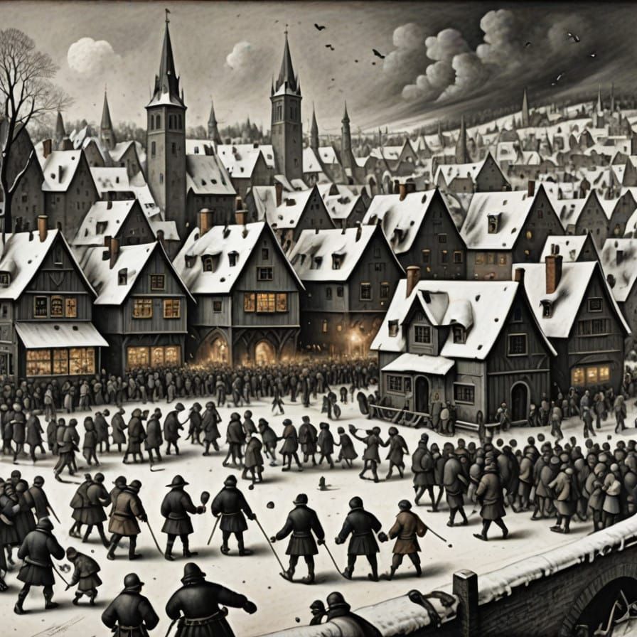 Winter Gathering on Ice Skate Ring in Bruegel's Style