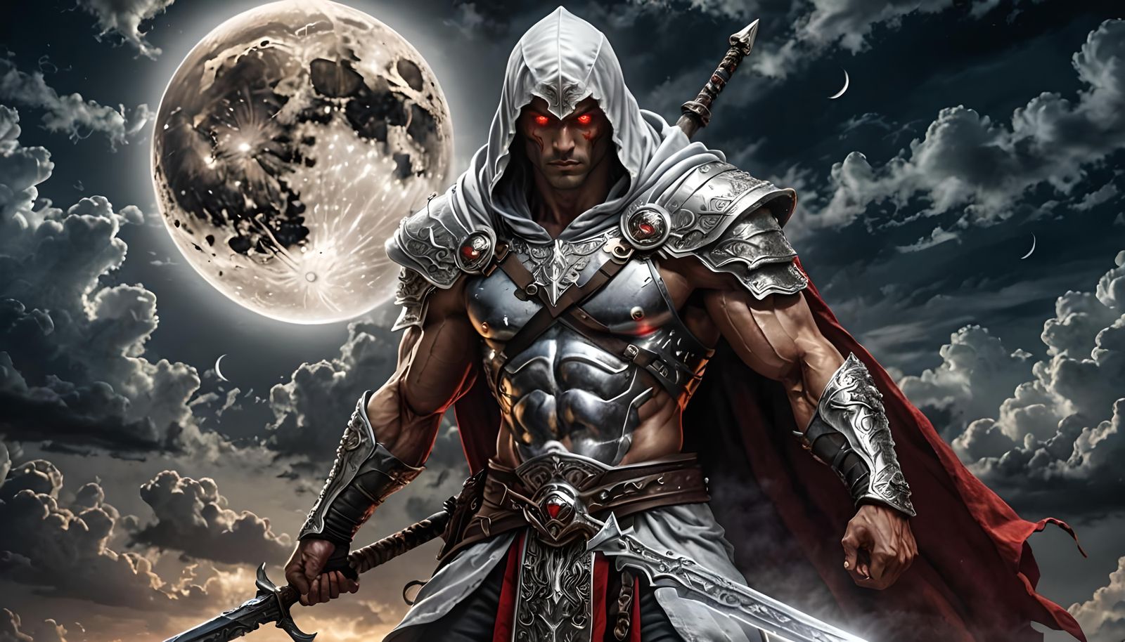 Silver Moon Warrior with Glowing Sword, Hyperrealistic