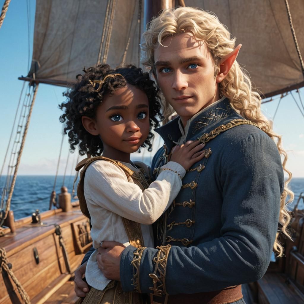 Elf and Child on Sailing Ship