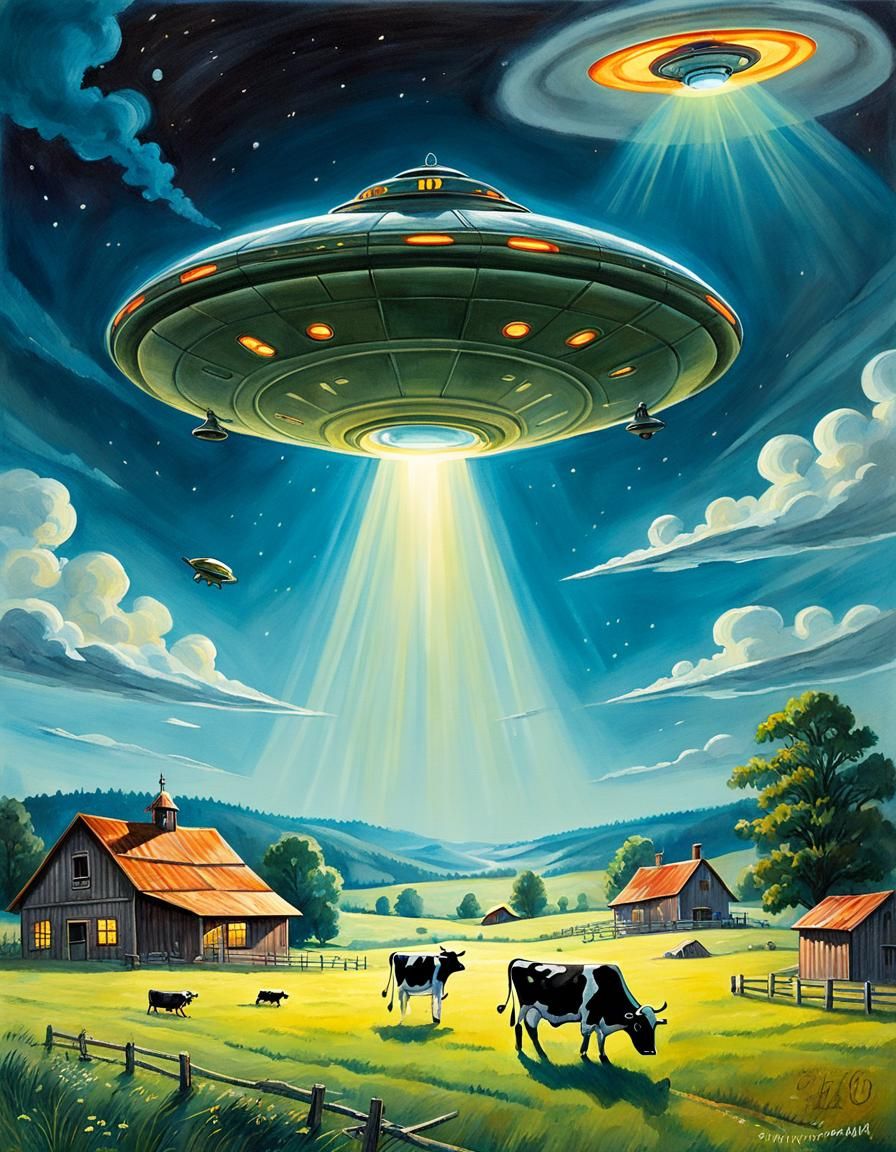 Cow Abduction by UFO in Steampunk Style