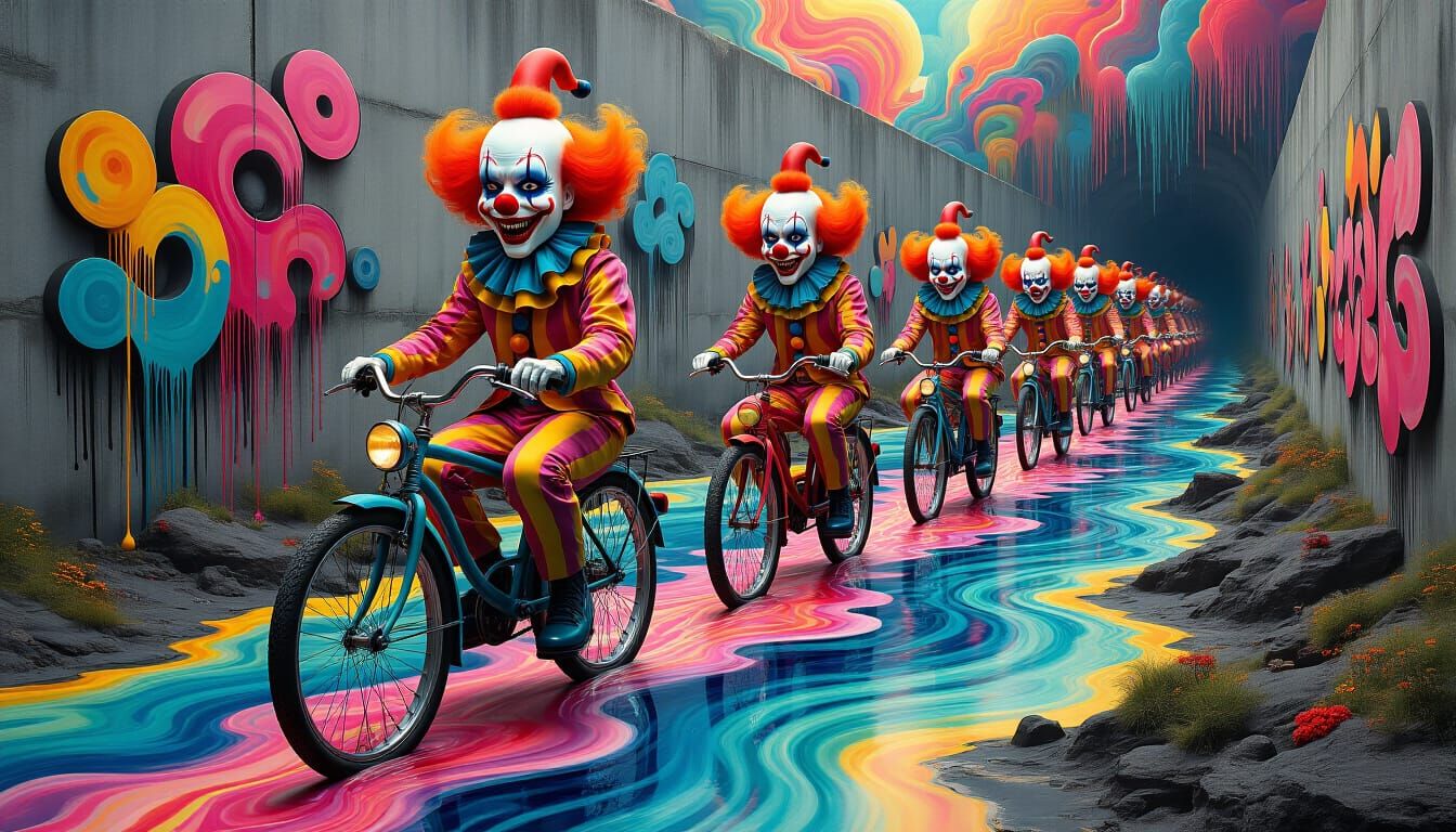 Psychedelic Clown Cyclists in Surreal Ink River Landscape