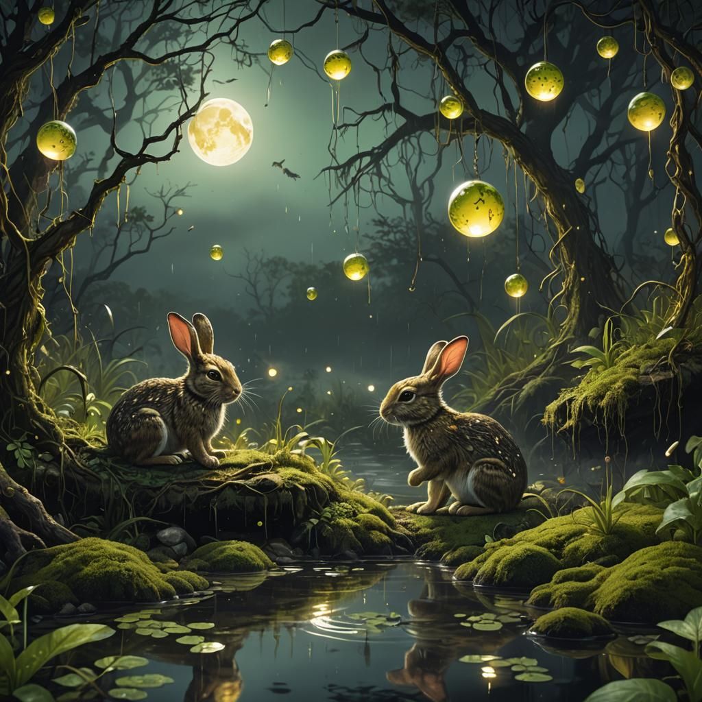 Magical Green Rabbits in Moonlit Swamp: Hyperrealistic Art