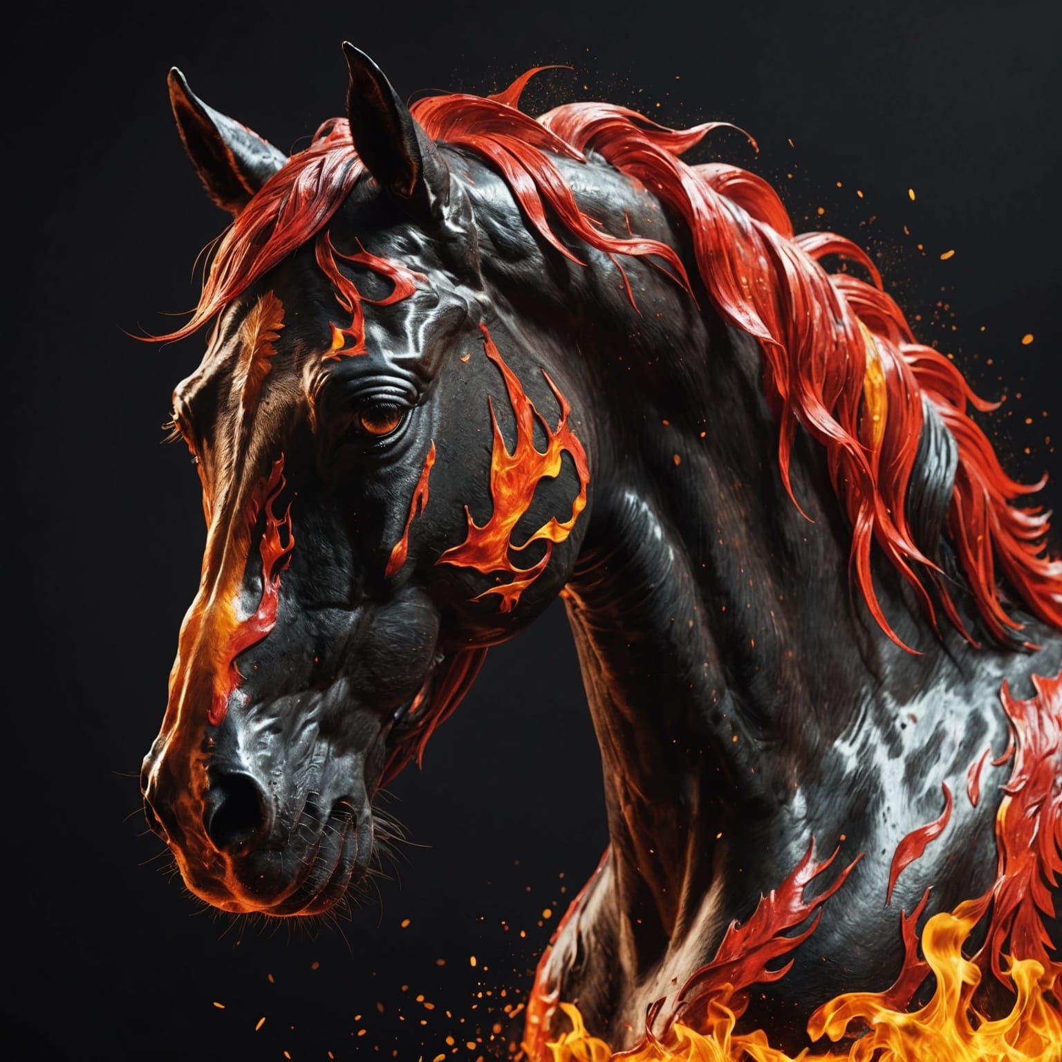 Hyperrealistic Fire Horse in Red and Black