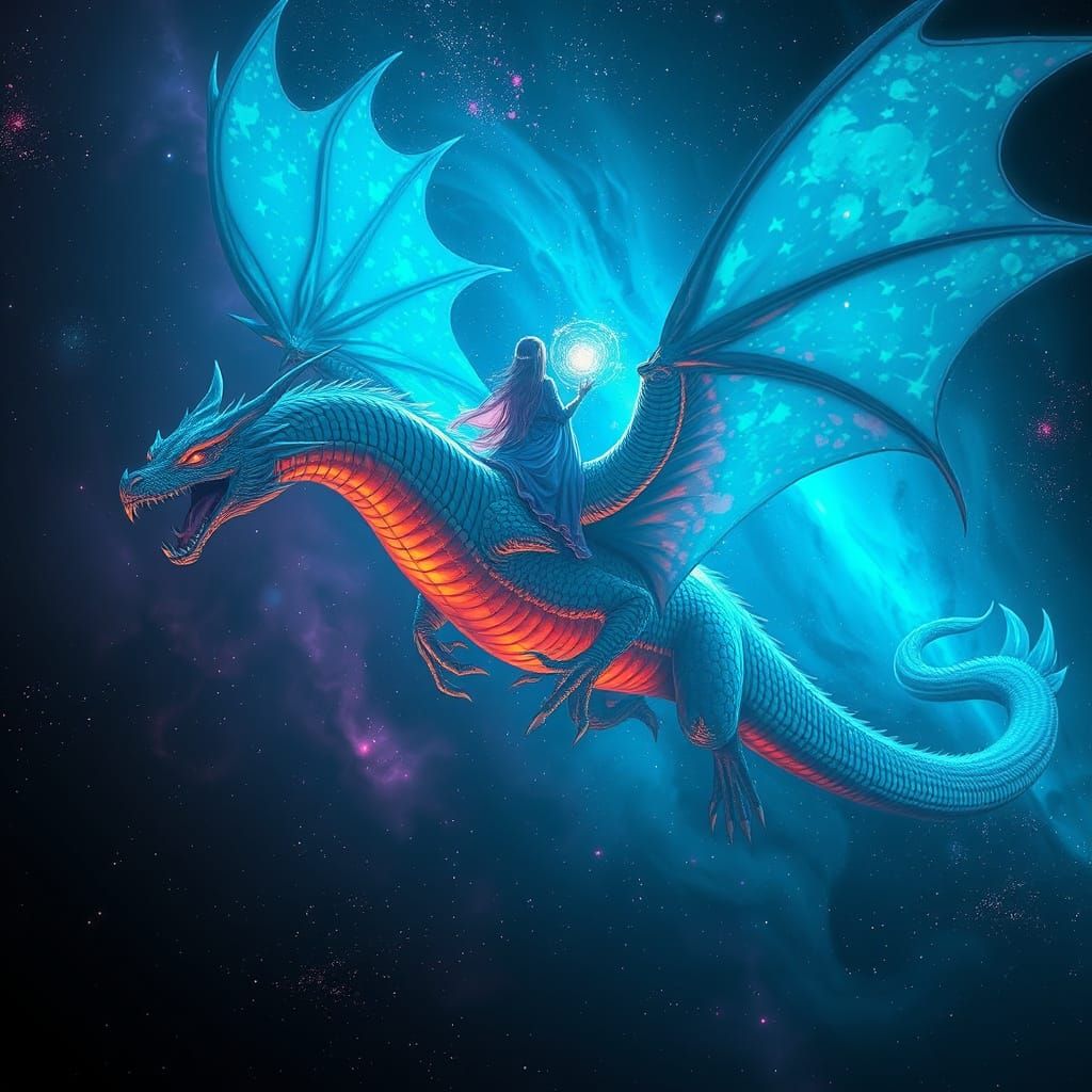 Bioluminescent Dragon Soaring Through Nebula Sky