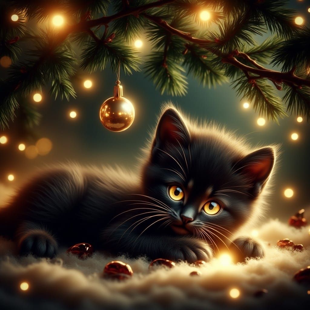 Adorable Kitten's Christmas Dream in Vintage Illustration St...