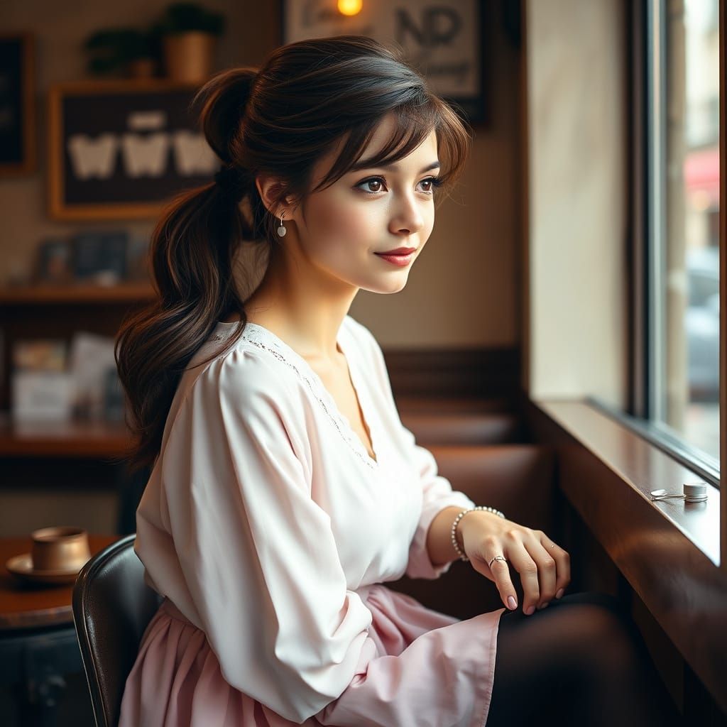 Young Woman in Soft Pastel Hues, Seated in Quaint Cafe