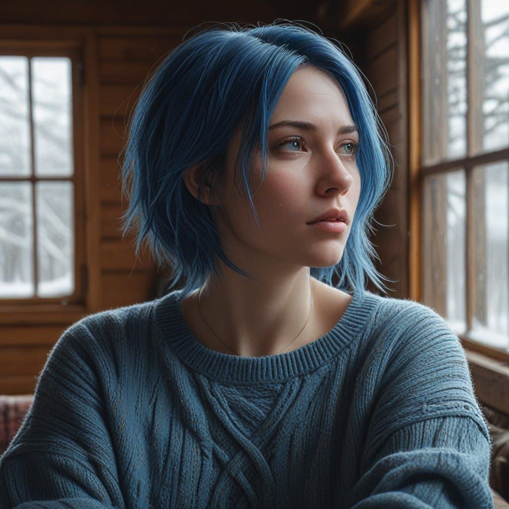 Ethereal Beauty in Golden Light, Blue Hair Cascading Down He...